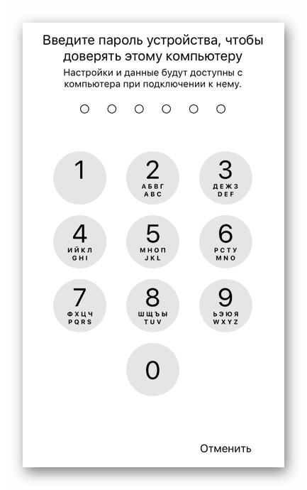 Ввод пароля для подтверждения доверия к компьютеру iPhone