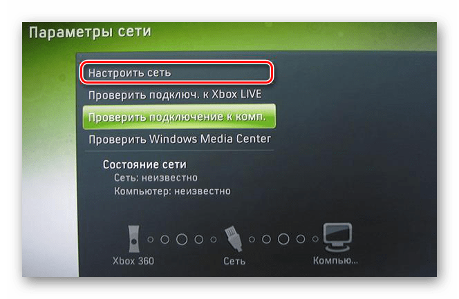 Переход к разделу Настроить сеть на Xbox 360