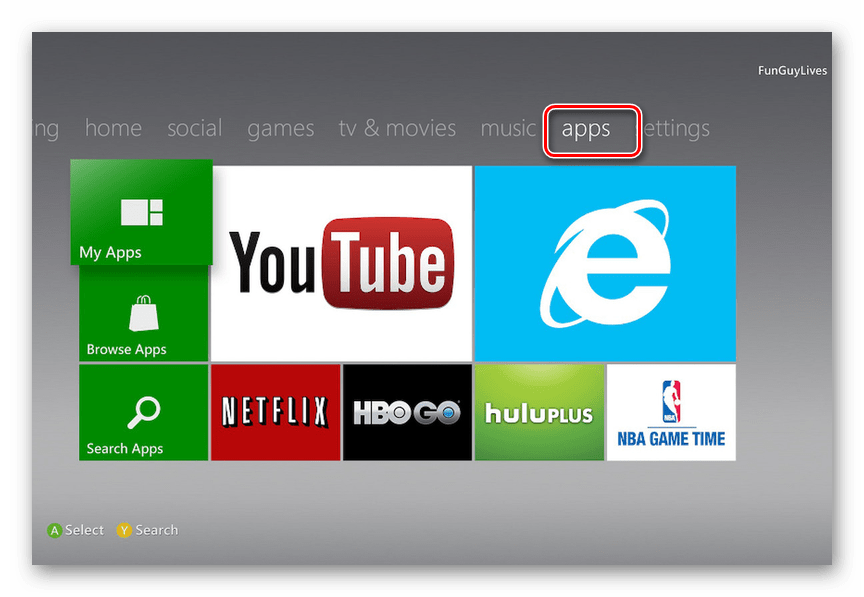 Переход к разделу Apps на Xbox 360