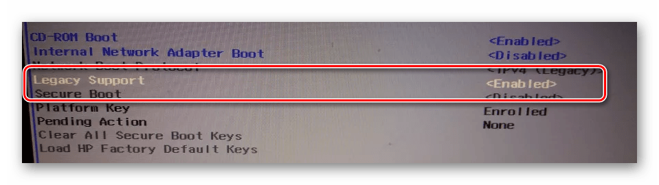 Изменение значения Legacy Support в BIOS