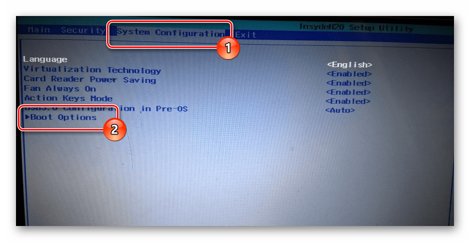 Процесс перехода к разделу Boot Options в BIOS