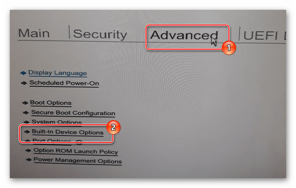 Переход к разделу Built-in Device Option на ноутбуке HP