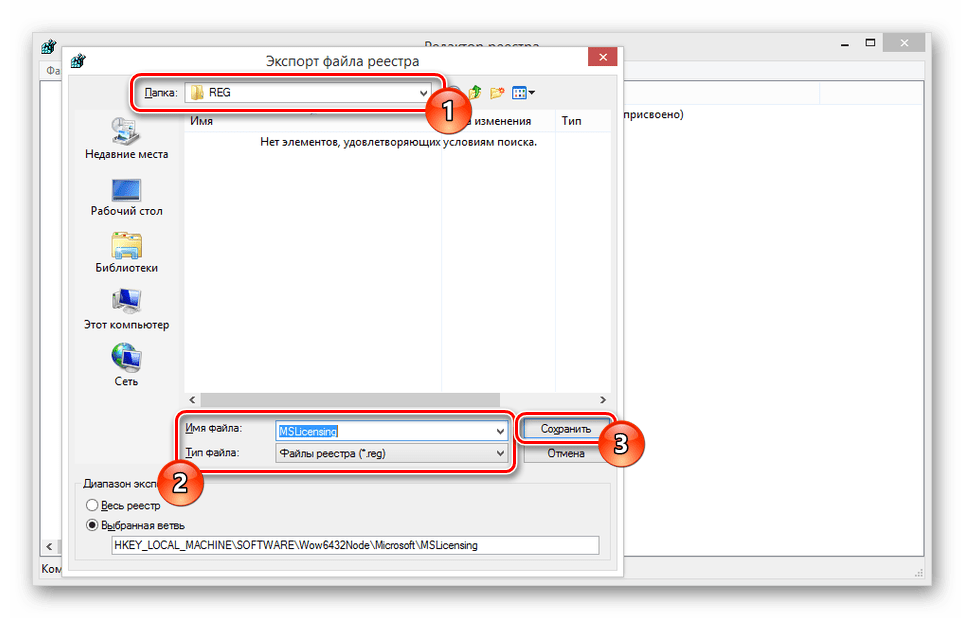 Процесс сохранения ветки MSLicensing на компьютере