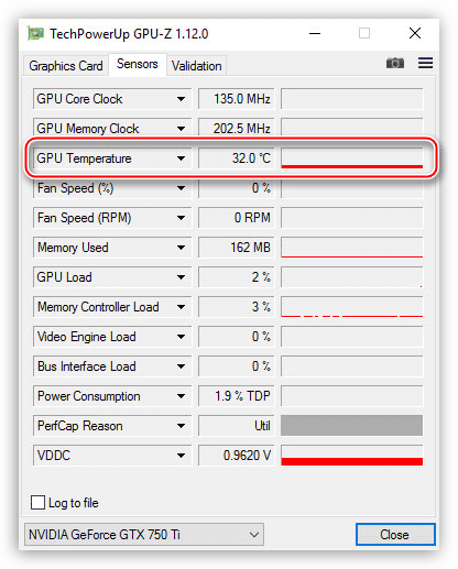 Вкладка с показаниями датчиков видеокарты в утилите GPU-Z
