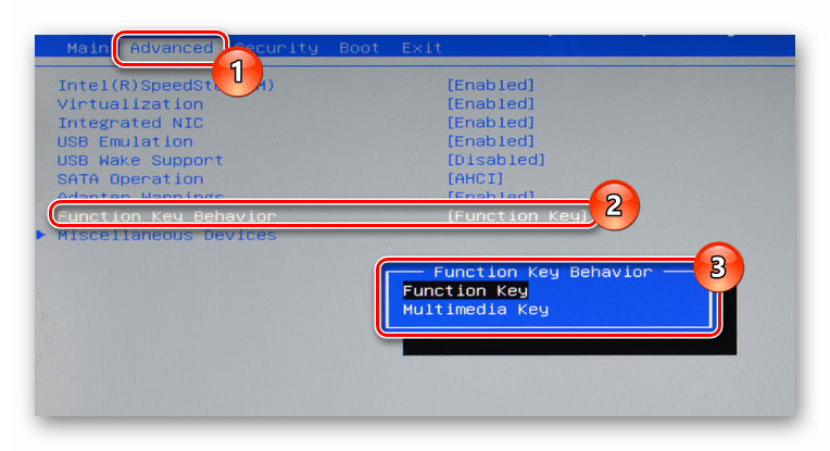 Изменение назначения кнопки Fn в BIOS