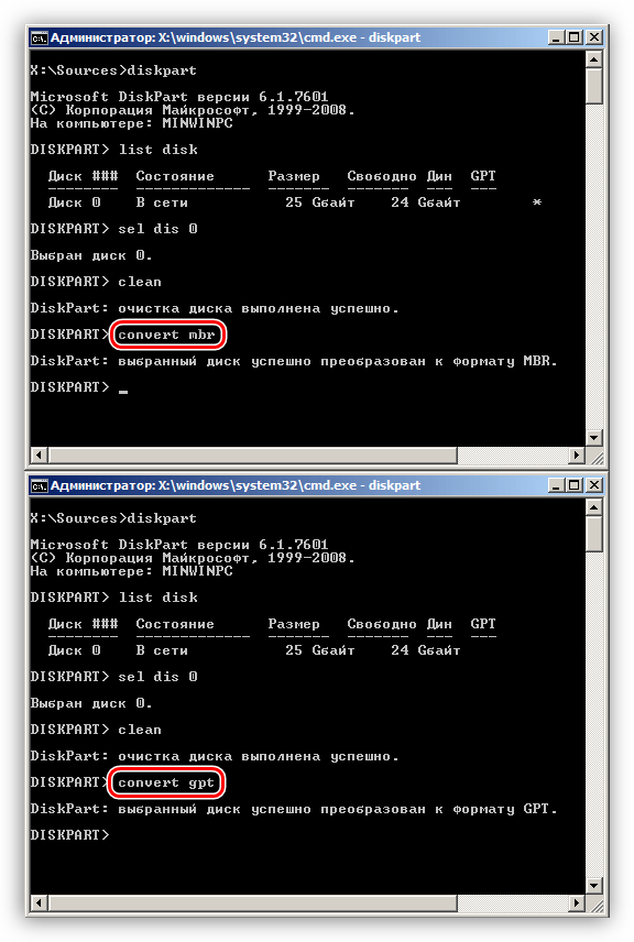 Отличия в командах для конвертирования форматов дисков в Командной строке