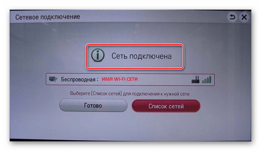 Успешно подключенная беспроводная сеть на ТВ