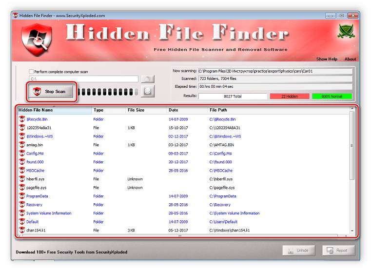 Поиск скрытых папок в программе Hidden File Finder