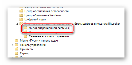 Процесс раскрытия папки Диски операционной системы в окне управления групповой политикой