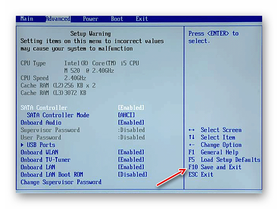 Клавиша Save в настройках БИОС