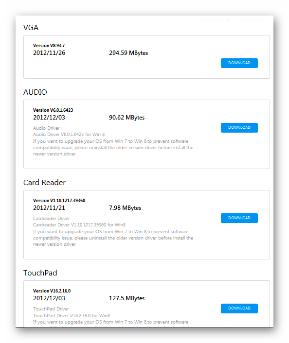 Список драйверов для ноутбука в выдаче сайта Асус
