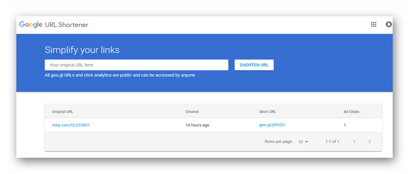 Главная страница сервиса ГуглУрлШортенер в браузере