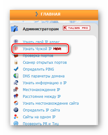 Ссылка Узнать Чужой IP в навигационной панели сервиса Спидтестер