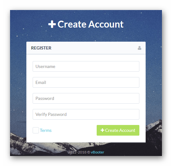 Страница регистрации аккаунта в Vbooter