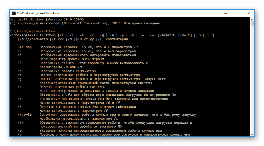 Результаты выполнения команды shutdown без параметров в консоли Windows