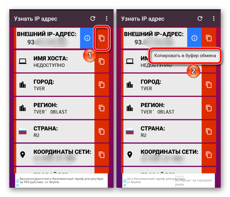 Копирование данных в приложении узнать ip адрес