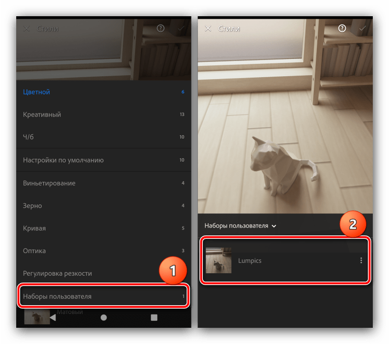 Выбрать пользовательский стиль для установки пресета в Adobe Lightroom на Android