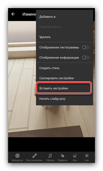 Вставить настройки со снимка для установки пресета в Adobe Lightroom на Android