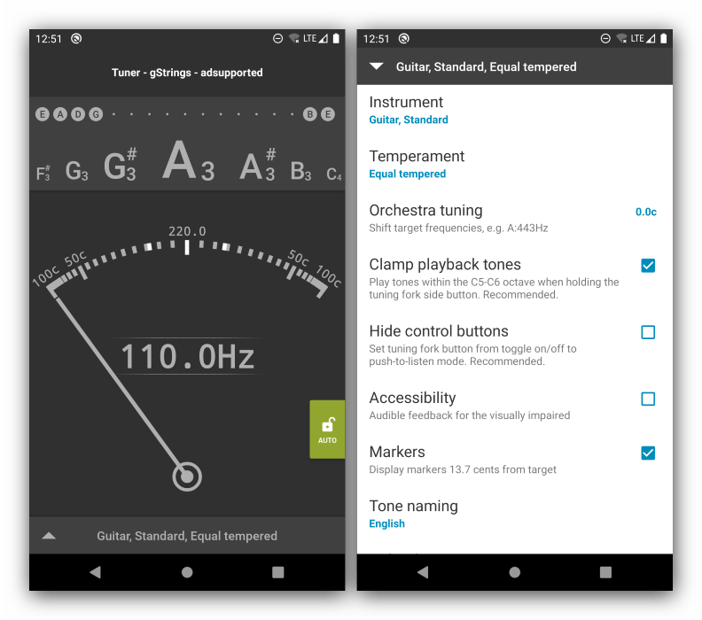 Интерфейс приложения для настройки гитары на Android gStrings