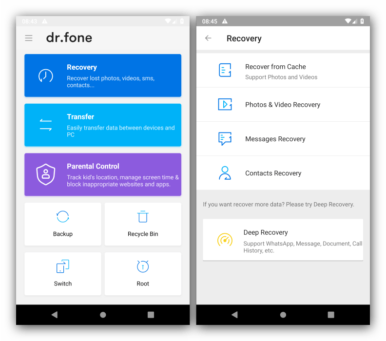 Интерфейс программы для восстановления файлов на Android dr.fone Recovery