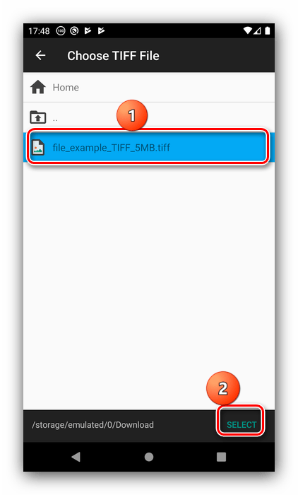 Выбор файла в Multi-TIFF Viewer Free для открытия TIFF на Android