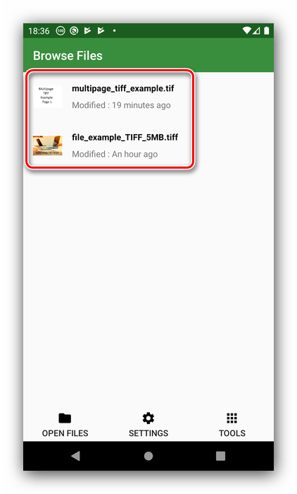 Выбор файлов в TIFF Manager для открытия TIFF на Android