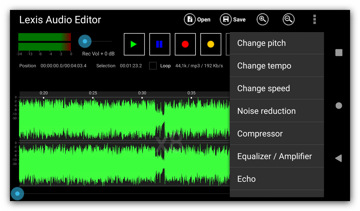 Наложение эффектов на трек в аудиоредакторе для Android Lexis Audio Editor