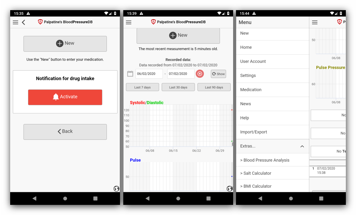 Уведомления о лекарствах и калькулятор в приложении для измерения артериального давления на Android BloodPressureDB