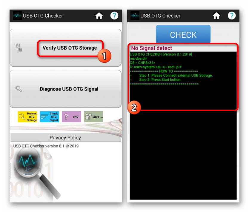 Переход к проверке устройств в USB OTG Checker на Android