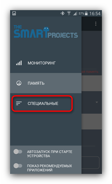 Опция Специальные в главном меню RAM Manager