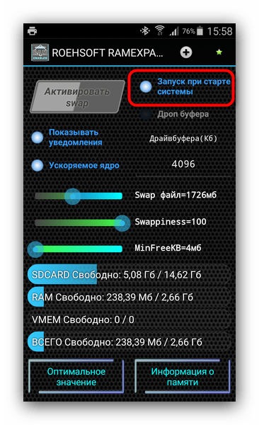 Выбор запуска свапа при старте системы в RAM Expander