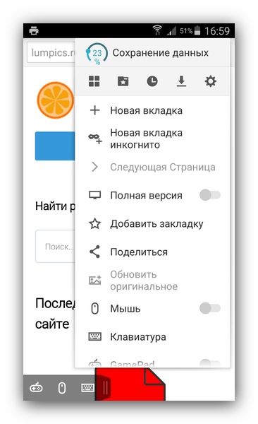 Загруженная страница и меню Puffin Browser