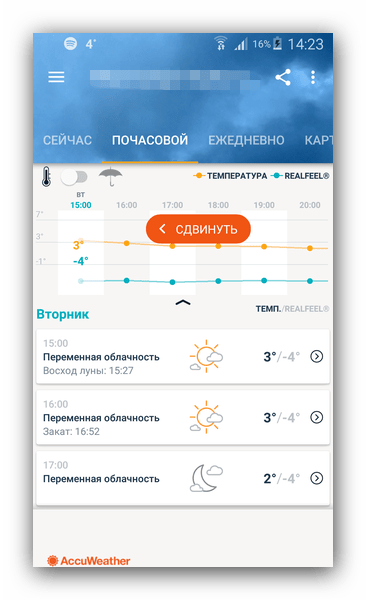 Внешний вид интерфейса в AccuWeather