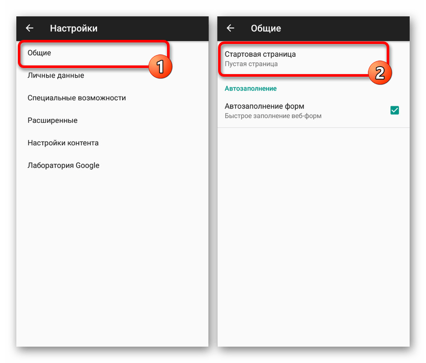 Переход к настройкам стартовой страницы в Браузере на Android