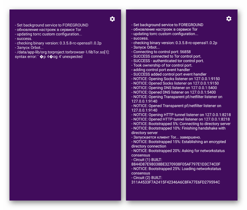 Пример ошибки и успешного соединения в Tor Browser на Android