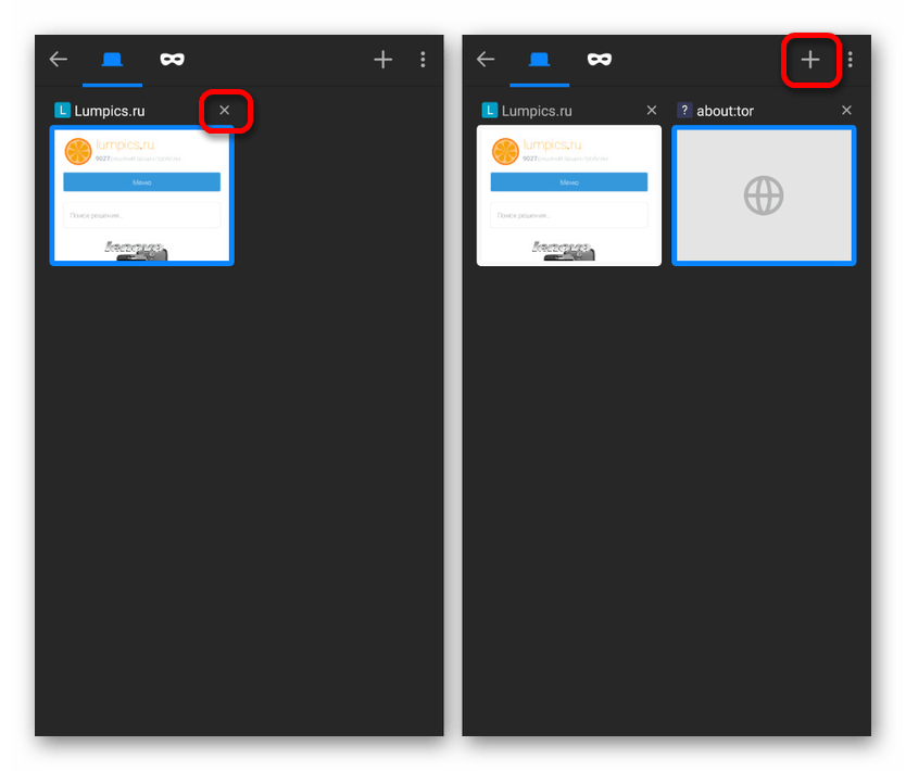 Использование меню вкладок в Tor Browser на Android