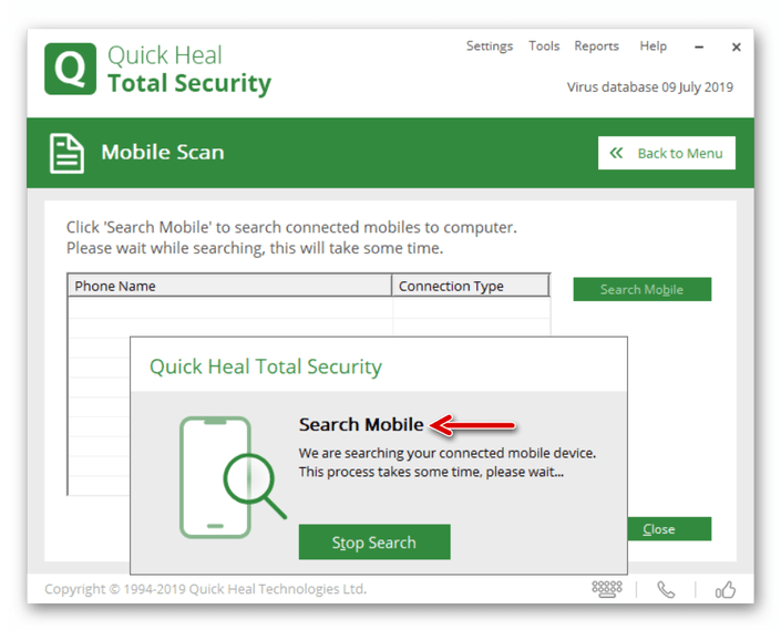 Quick Heal Total Security процесс обнаружения Андроид-девайса антивирусом