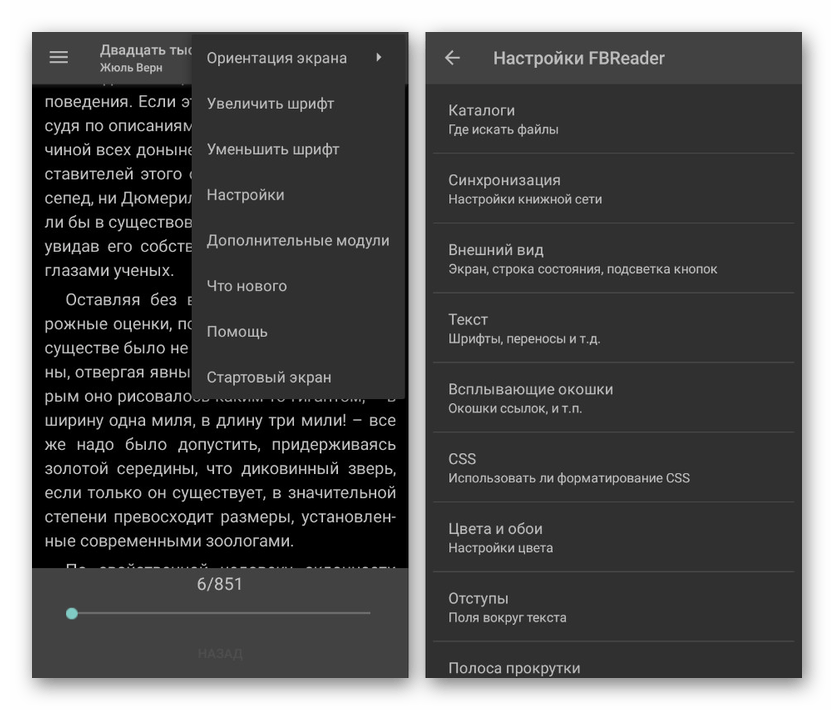 Дополнительные настройки в FBReader на Android
