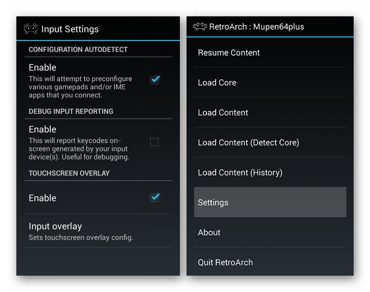 Просмотр настроек в RetroArch на Android