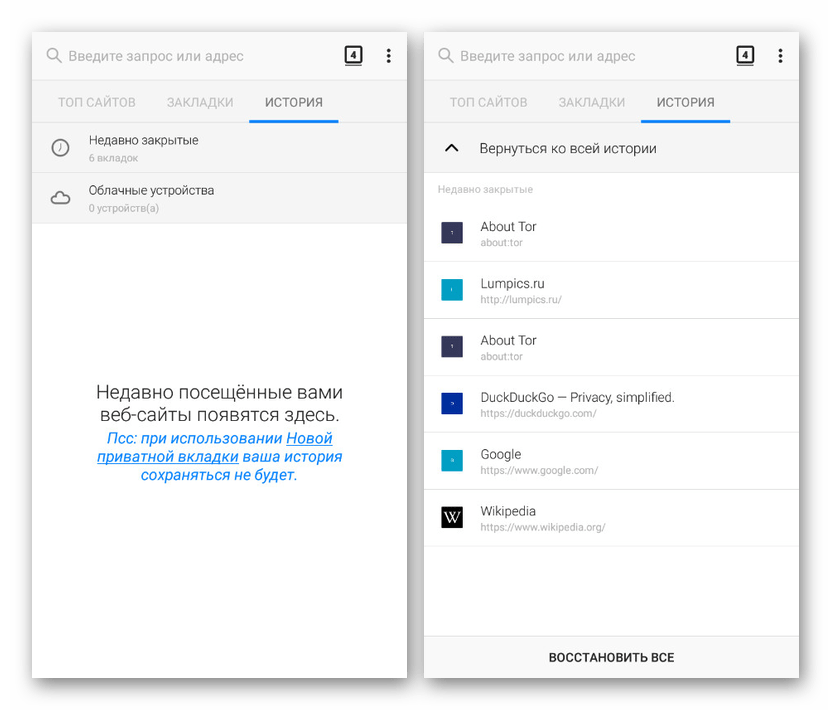 Просмотр истории в Tor Browser на Android
