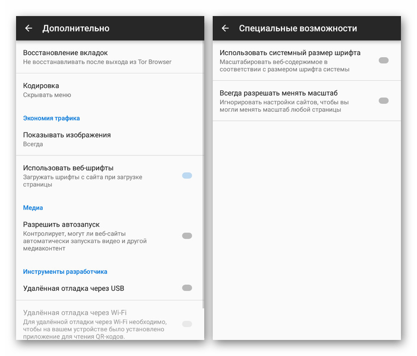 Дополнительные настройки в Tor Browser на Android