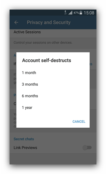Настройки автоудаления аккаунта в Telegram
