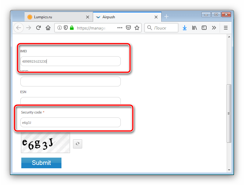 Ввод IMEI на сайте Airpush для удаления рекламы Opt Out на Android