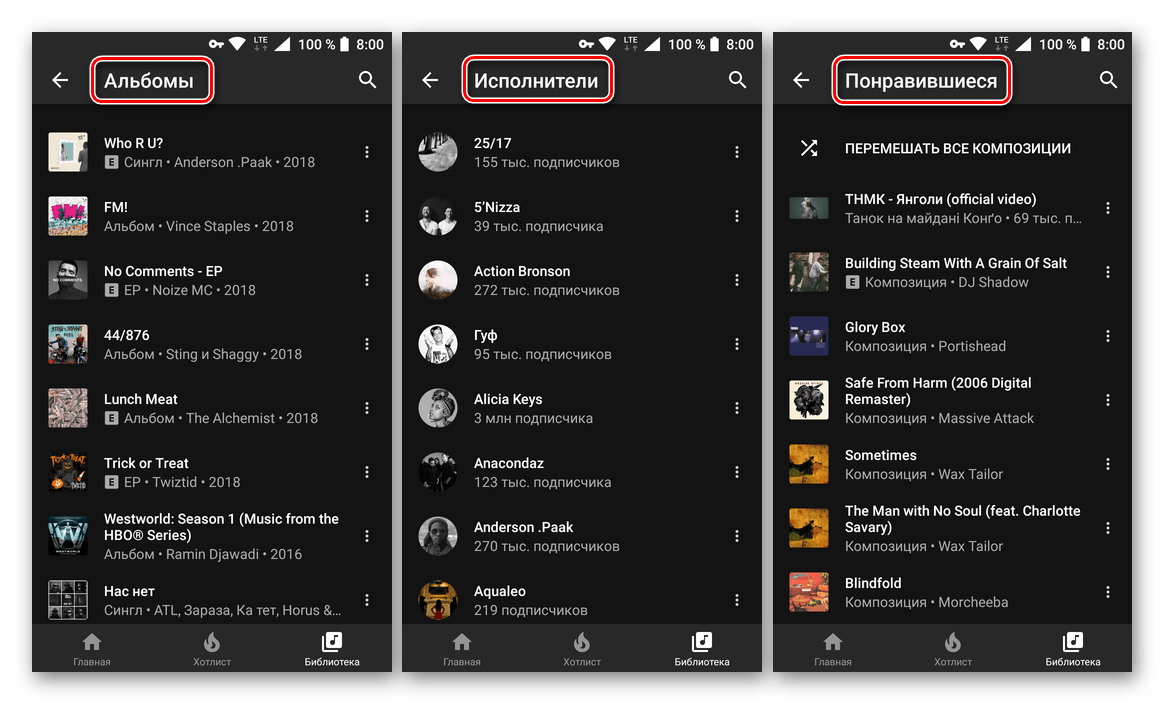 Альбомы, исполнители, миксы и понравившиеся треки в приложении YouTube Music для Android