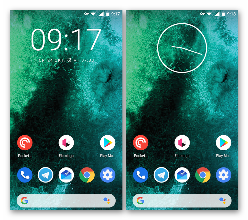 Добавленный виджет часов на главном экране смартфона или планшета с Android