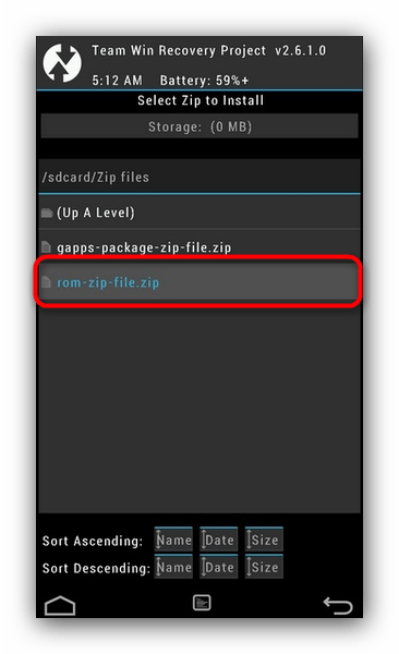 Выбрать архив с ПО в TWRP для восстановления прошивки