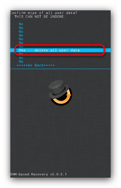 Подтвердить сброс данных в CWM Recovery для восстановления прошивки