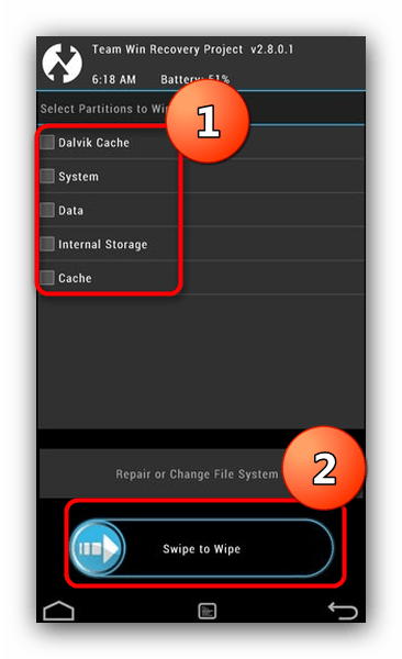 Провести очистку данных в TWRP для восстановления прошивки