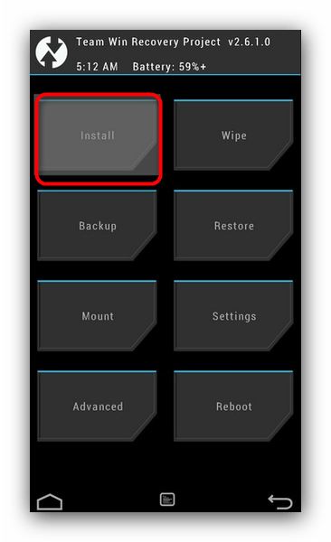 Выбрать установку ПО в TWRP для восстановления прошивки