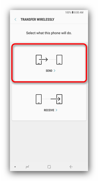 Выбрать отправку данных со старого устройства в Smart Switch Mobile